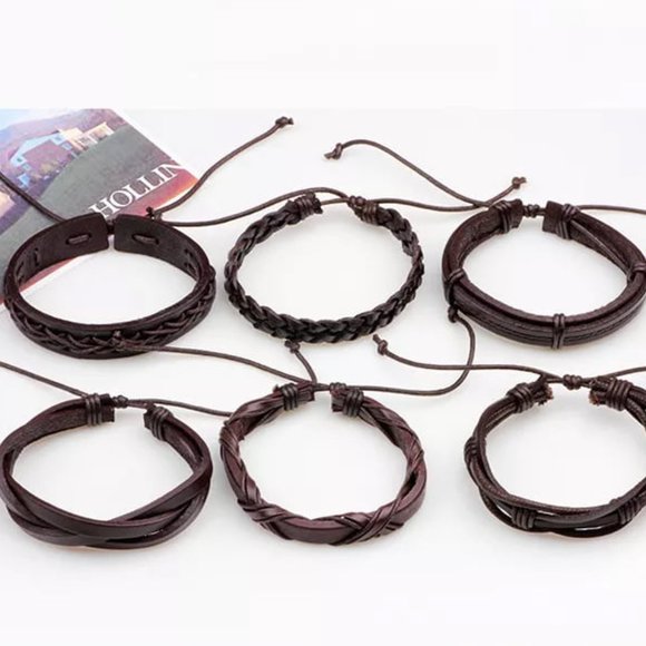 6pcs Men's Multilayer Leather Bracelet (Brown) ADJUSTABLE SIZES - Picture 5 of 5